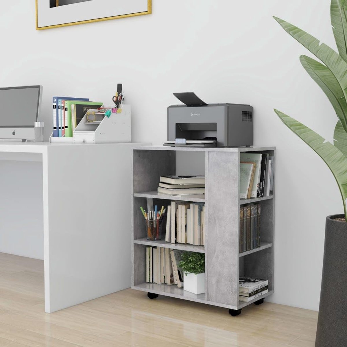 Betongrijs 60 x 35 x 75 cm, kantoor rolkast voor printers, bijzetwagen met 4 wielen en opbergruimte, archiefkast voor werkkamer