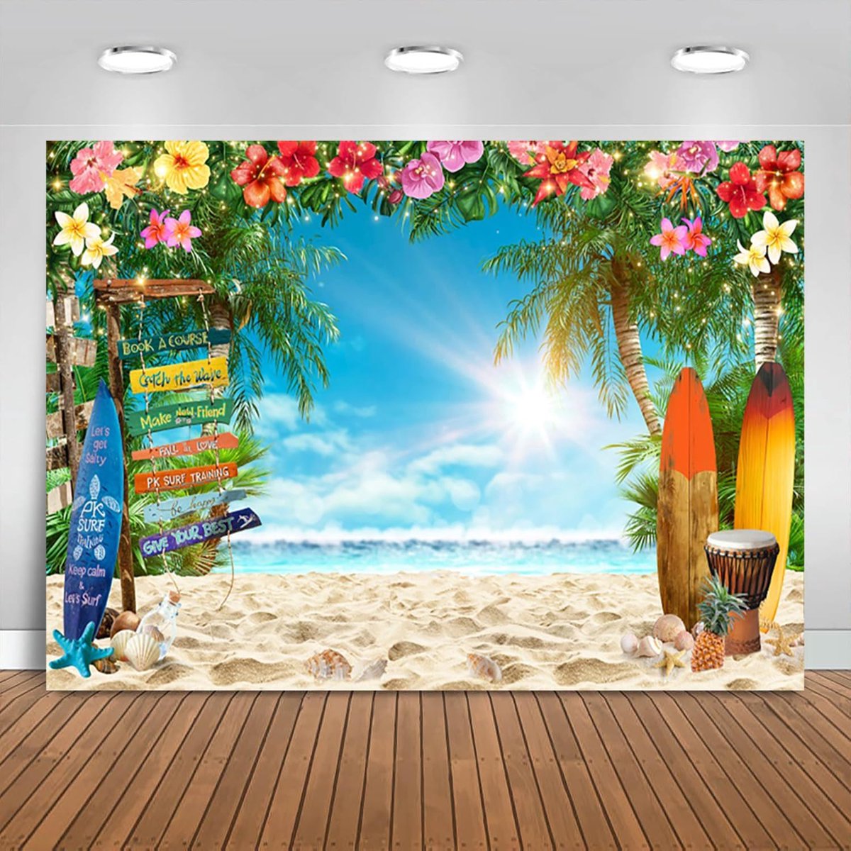3,6 x 3 m achtergrond voor strand, zomer, tropisch, palmboom, bloem, surfplank, straatbord, hemelsblauw, fotografie, achtergrond, bruiloft, verjaardag, Hawaïaans, Luau, Aloha, party,