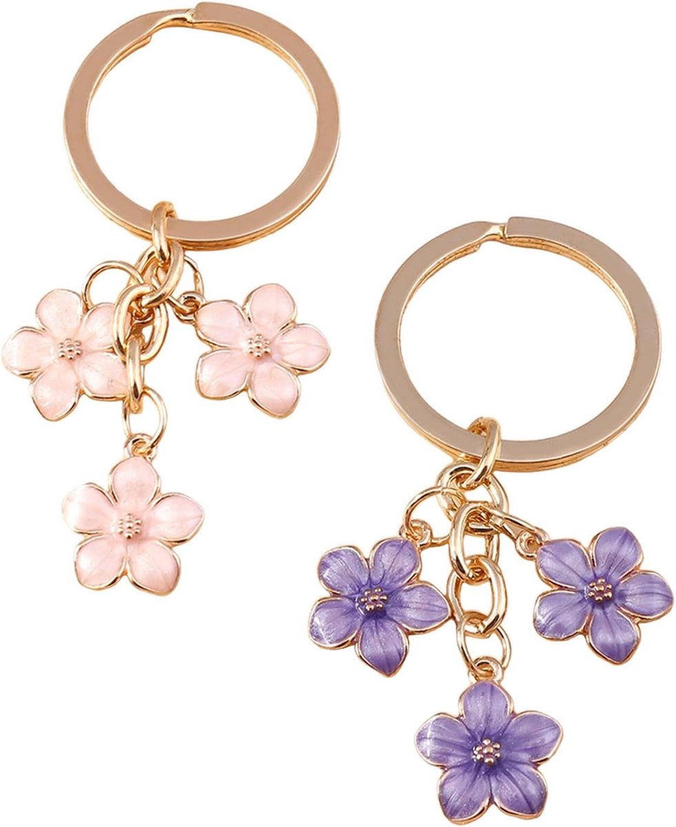 2 stuks kersenbloesem-sleutelhangers, hangers voor dameshandtas, moederdagcadeau (paars, roze)