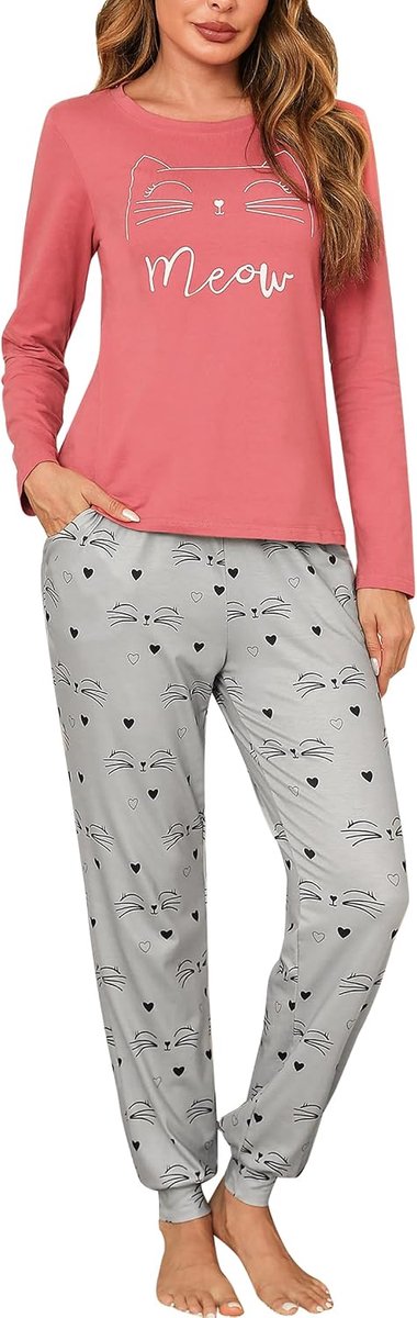 Katoenen Pyjamasets met lange mouwen, dames, nachtkleding met ronde hals, top met kattenprint en pyjamabroek