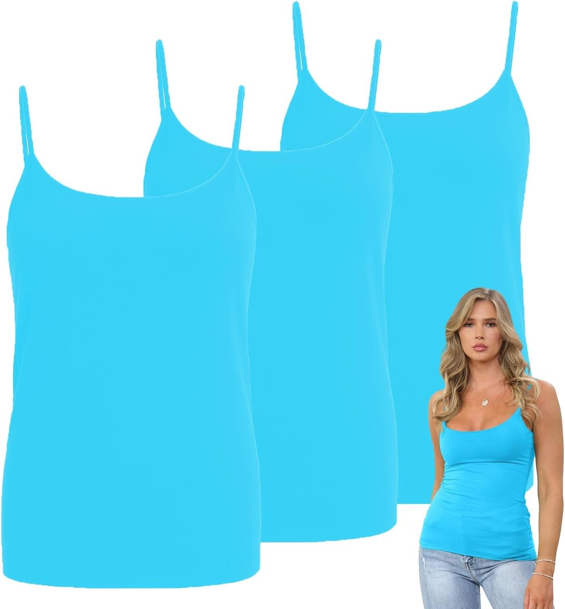 Mouwloze tanktops voor dames, set van 3, effen bodycon, ronde hals, vest, tops, dames, UK, casual, zomer, slanke getailleerde vesten, rekbare gymkleding, cami-top, Turkoois, 38-40