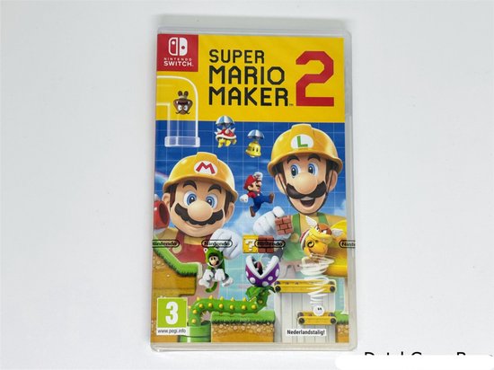 Nintendo Switch spel 'Super Mario Maker 2'. Mario en Luigi bouwen, met Toad en Piranha Plant.