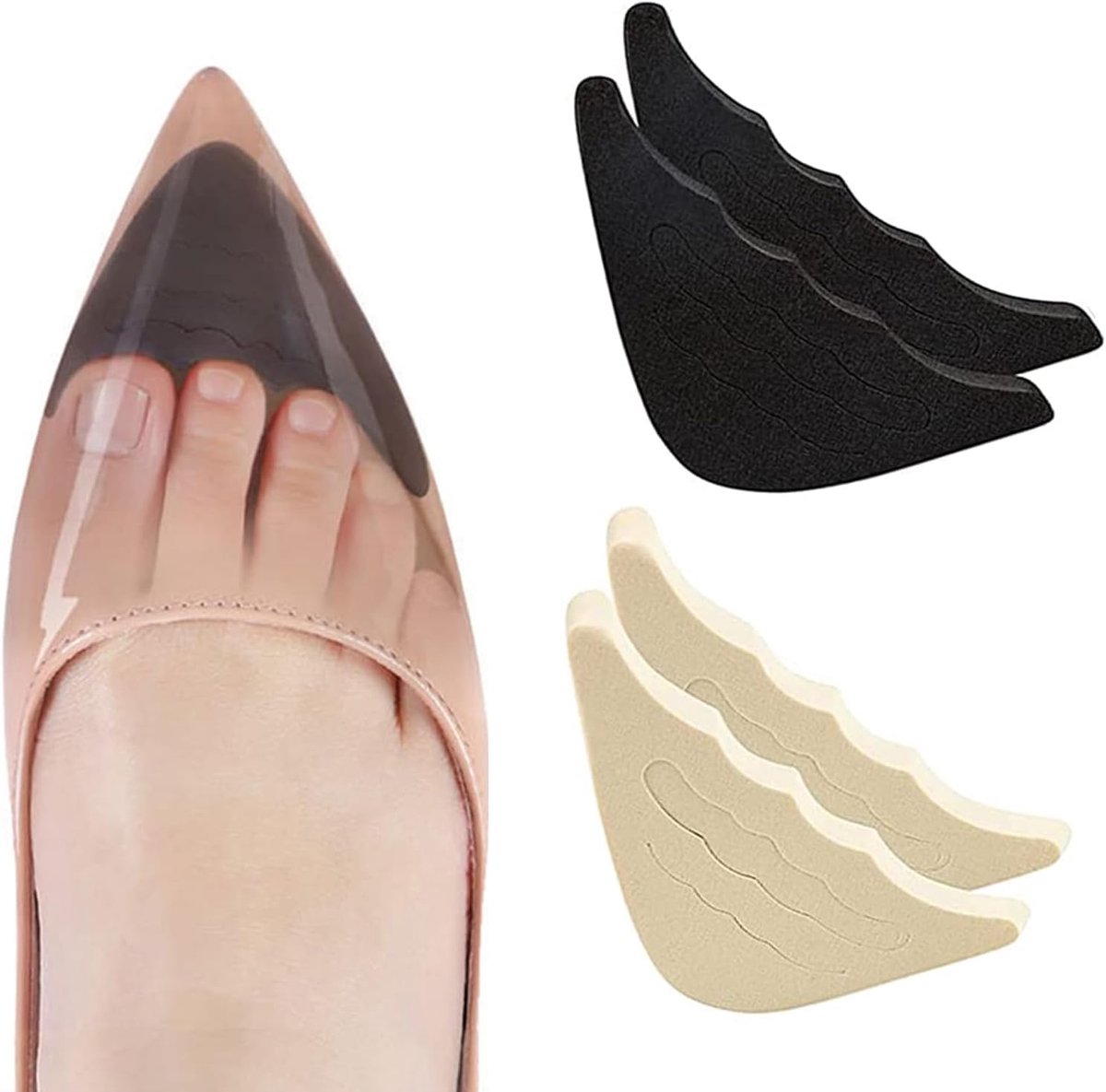 2 paar schoenvullers, schoenpads, teeninlegzolen, voorvoet/tenen, inlegzolen, pijnverlichting, bekleding voor te grote schoenen (zwart en vleeskleurig)