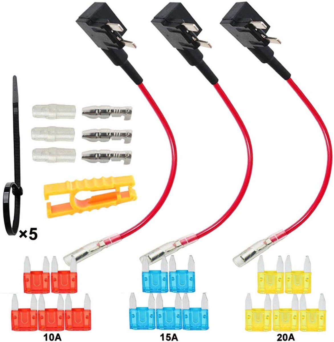 3Pcs Premium 12V / 24V ACS Kleine Add-a-Circuit Zekeringkraan, Piggyback Blade Zekeringhouder, met Kabelboom en 15Pcs Mini Bladzekeringen