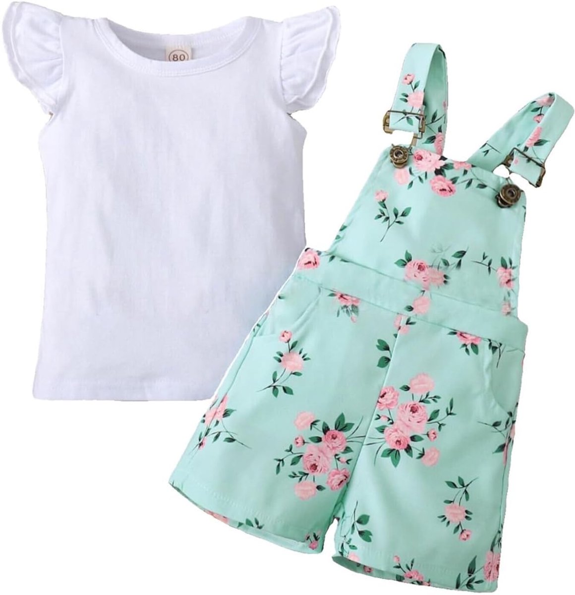 Kleding voor kleine meisjes, ronde hals, bovendeel met mouwen, eenkleurige shorts met hartvormige bandjes
