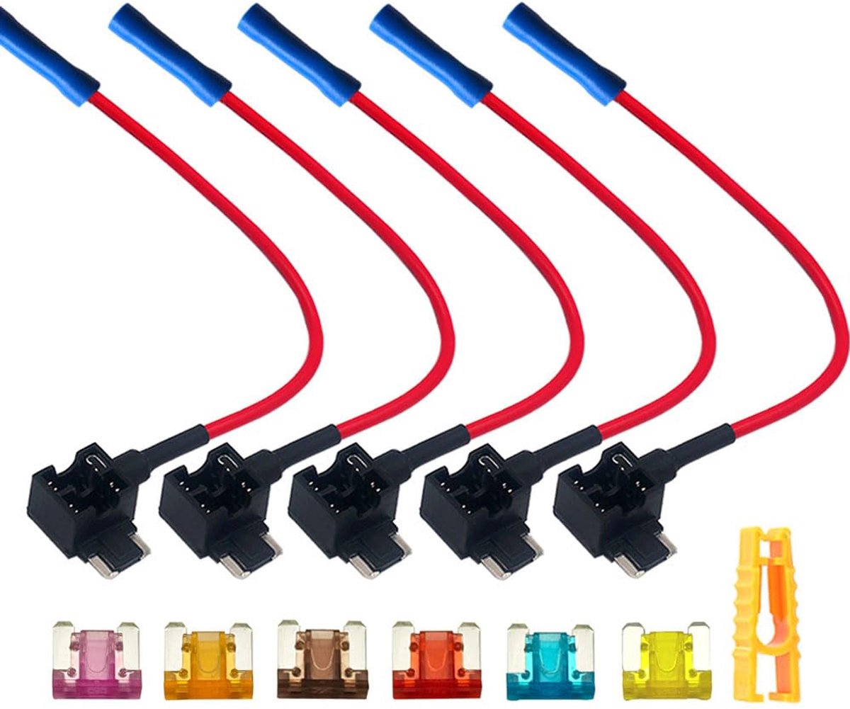 5Pcs Premium 12V / 24V Laag Profiel Add-a-Circuit Zekeringkraan, Piggyback Blade Zekeringhouder, met Kabelboom en 6Pcs Micro Bladzekeringen