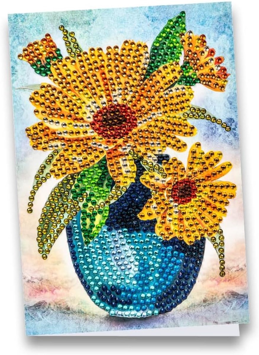 Ideeën met een Hart, Diamond Painting-wenskaart, strass-editie, DIN B6, 370 g/m², incl. steentjes, envelop en gereedschap (goudsbloemen in vaas)