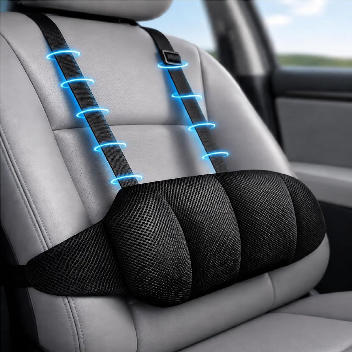 Lendensteun Autostoel – Verstelbaar met Dubbele Band – Memory Foam – Zwart