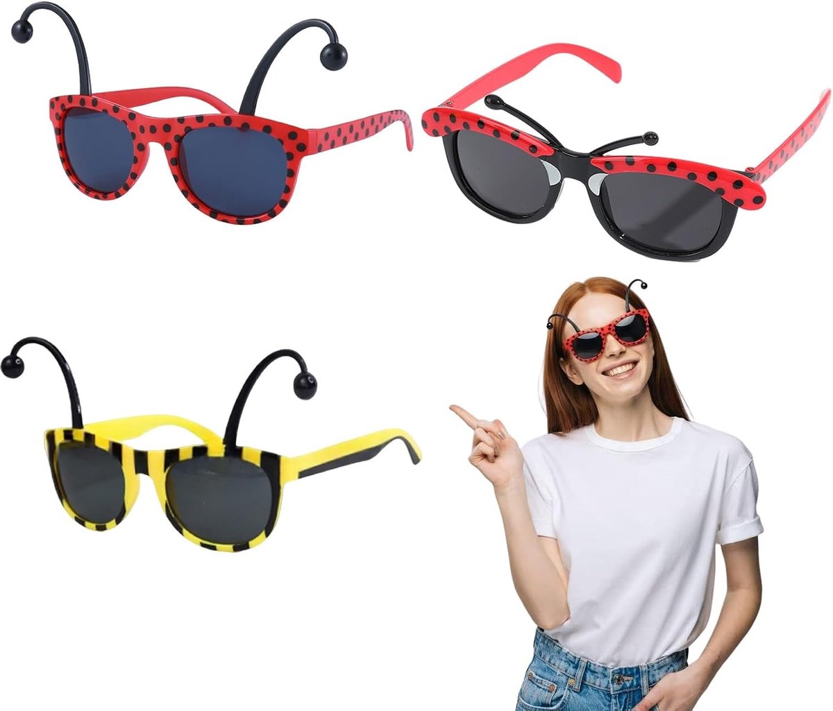 Dierenstijl Feestzonnebrillen voor Kinderen - Set van 3 - Bijen- en Keversunglasses - Grijze Lensen - Duurzaam Plastic - Ideaal voor Verkleedfeestjes en Fotoshoots