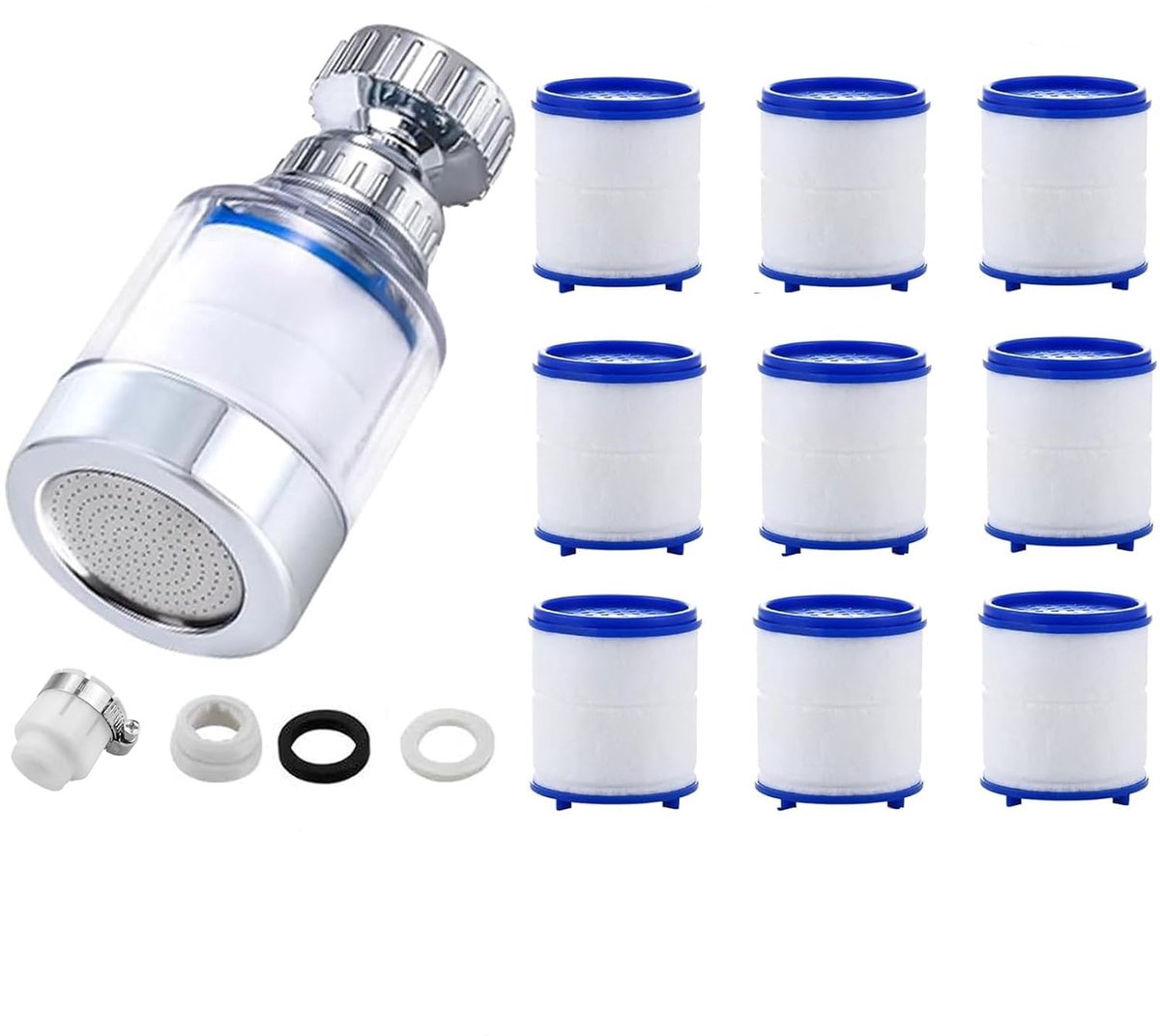 Waterfilter voor kraan, 360 graden draaibaar, filter voor kraan, keukenkraan, antikalk, met 8 filterelementen van PP-katoen, voor keuken, gootsteen