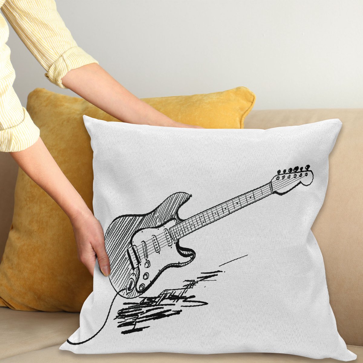 ABAKUHAUS Gitarre Kussenhoes, Rockmusik Skizze-Kunst, Kussenhoes zonder Binnenkussen, met Ritssluiting, Dubbelzijdige Print, Wasbaar, 40 x 40 cm, Wit Zwart