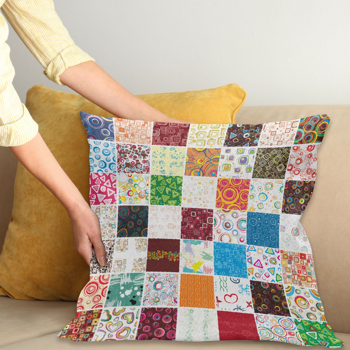 ABAKUHAUS Kleurrijk Kussenhoes, Patchwork Retro Stijl, Kussenhoes met Dubbelzijdig Patroon, Heldere Digitale Print, Kleurecht, met Ritssluiting, 50 x 50 cm, Meerkleurig