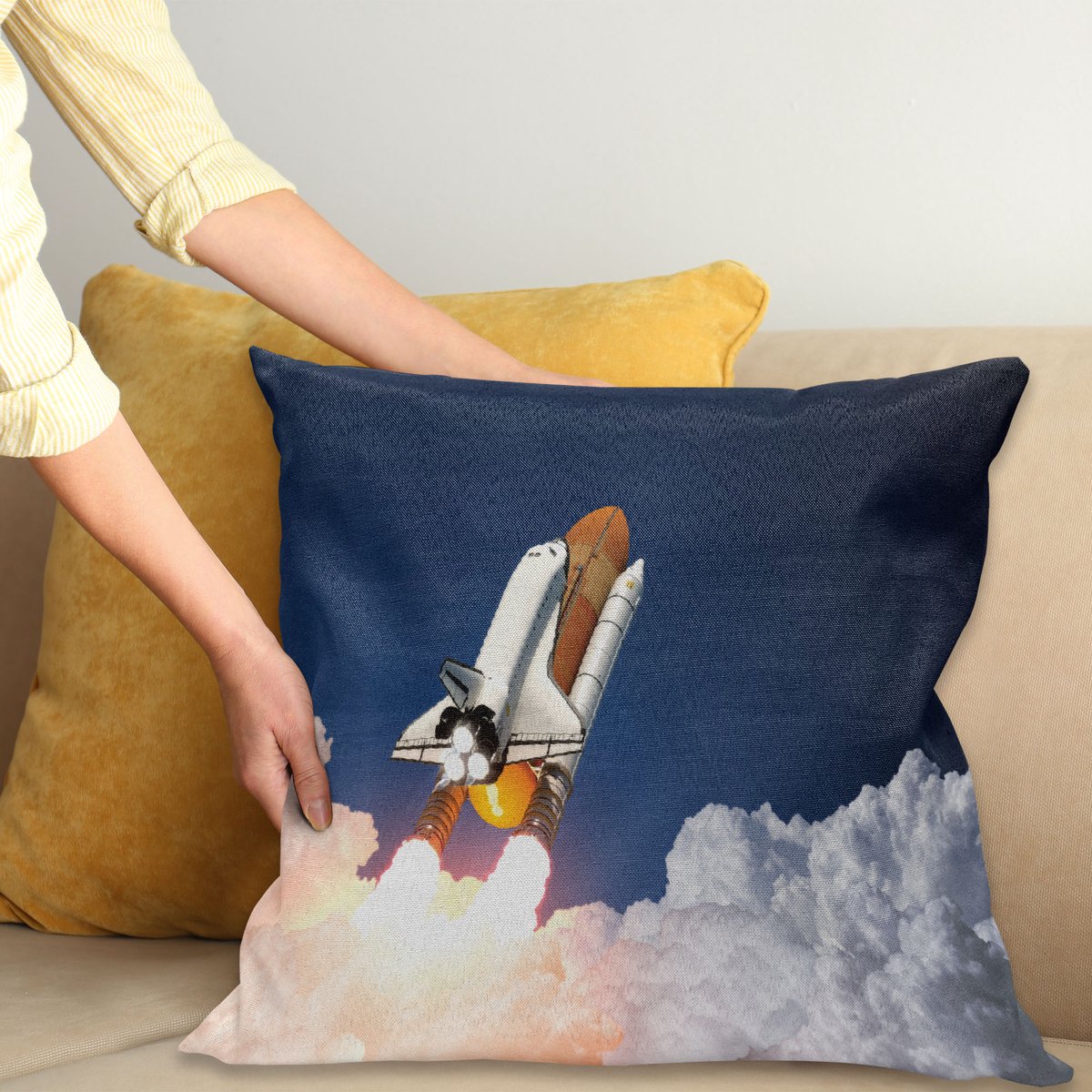 ABAKUHAUS Weltraum Kussenhoes, Rakete Aufzug Explosion, Dubbelzijdige Digitale Print met Ritssluiting, Kleurecht, Onderhoudsvriendelijk en Wasbaar, 50 x 50 cm, Wit Blauw Oranje