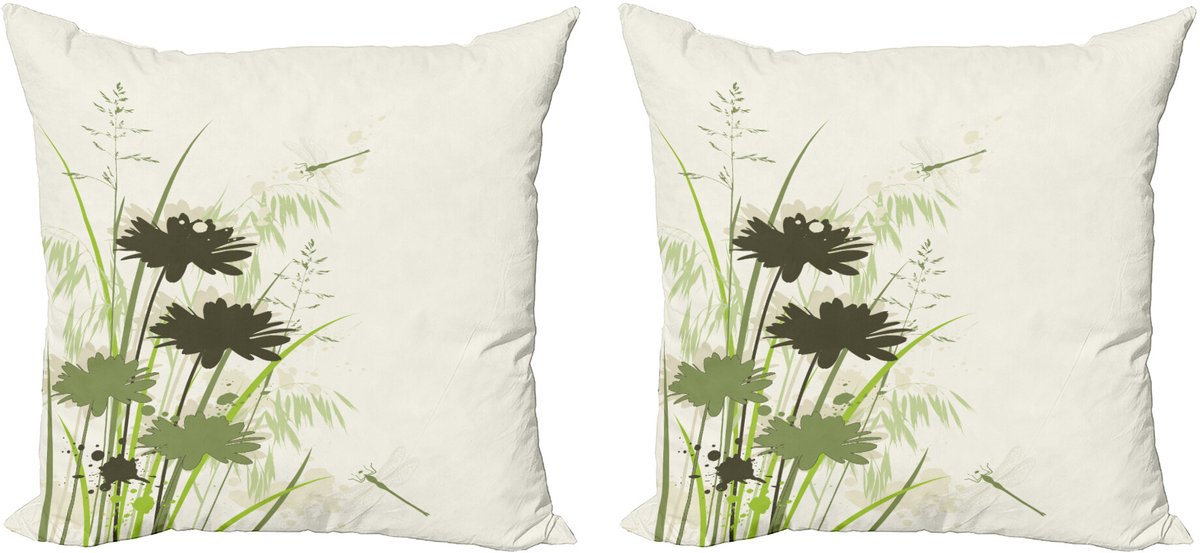 ABAKUHAUS Groen Sierkussenhoes Set van 2, Bloemen-Blad-Libel, Modern Accent Dubbelzijdige Digitale Print, 40x40, Lichtgroen Donkergroen