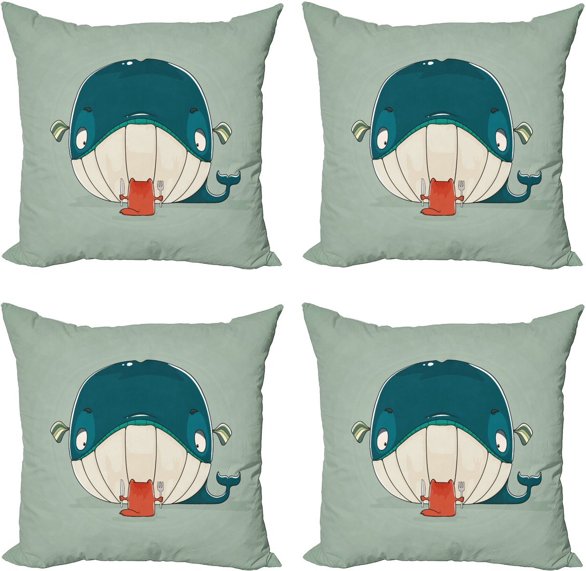 ABAKUHAUS Walfisch Sierkussen Kussenhoes 4er Set, Kätzchen Essen Große Fische, Modern Accent Dubbelzijdige Digitale Print, 60 x 60 cm, Almond Groen Teal