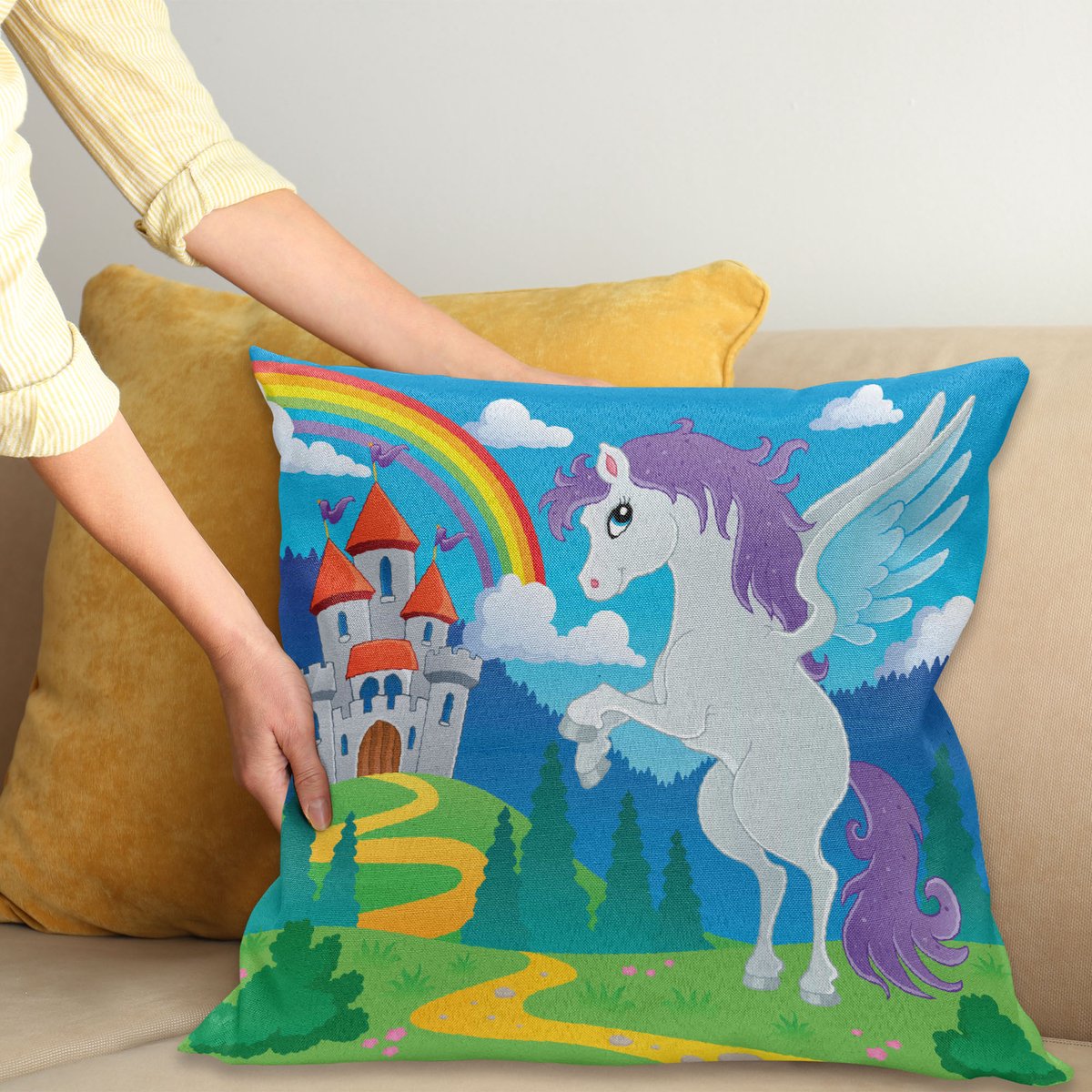 ABAKUHAUS Fantasie Kussenhoes, Einhorn met Regenboog-Fee, Kussenhoes met Dubbelzijdig Patroon, Heldere Digitale Print, Kleurecht, met Ritssluiting, 45 x 45 cm, Meerkleurig