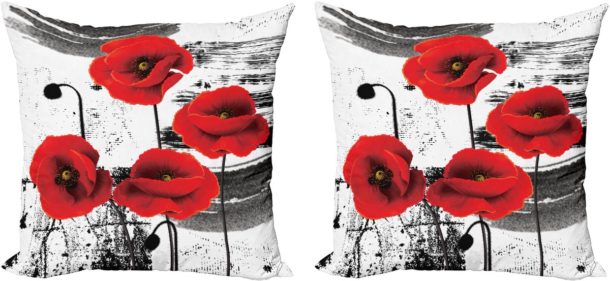 ABAKUHAUS Mohn Sierkussenhoes Set van 2, Grunge Pinsel Bloemen, Modern Accent Dubbelzijdige Digitale Print, 40x40, Vermiljoen Grijs