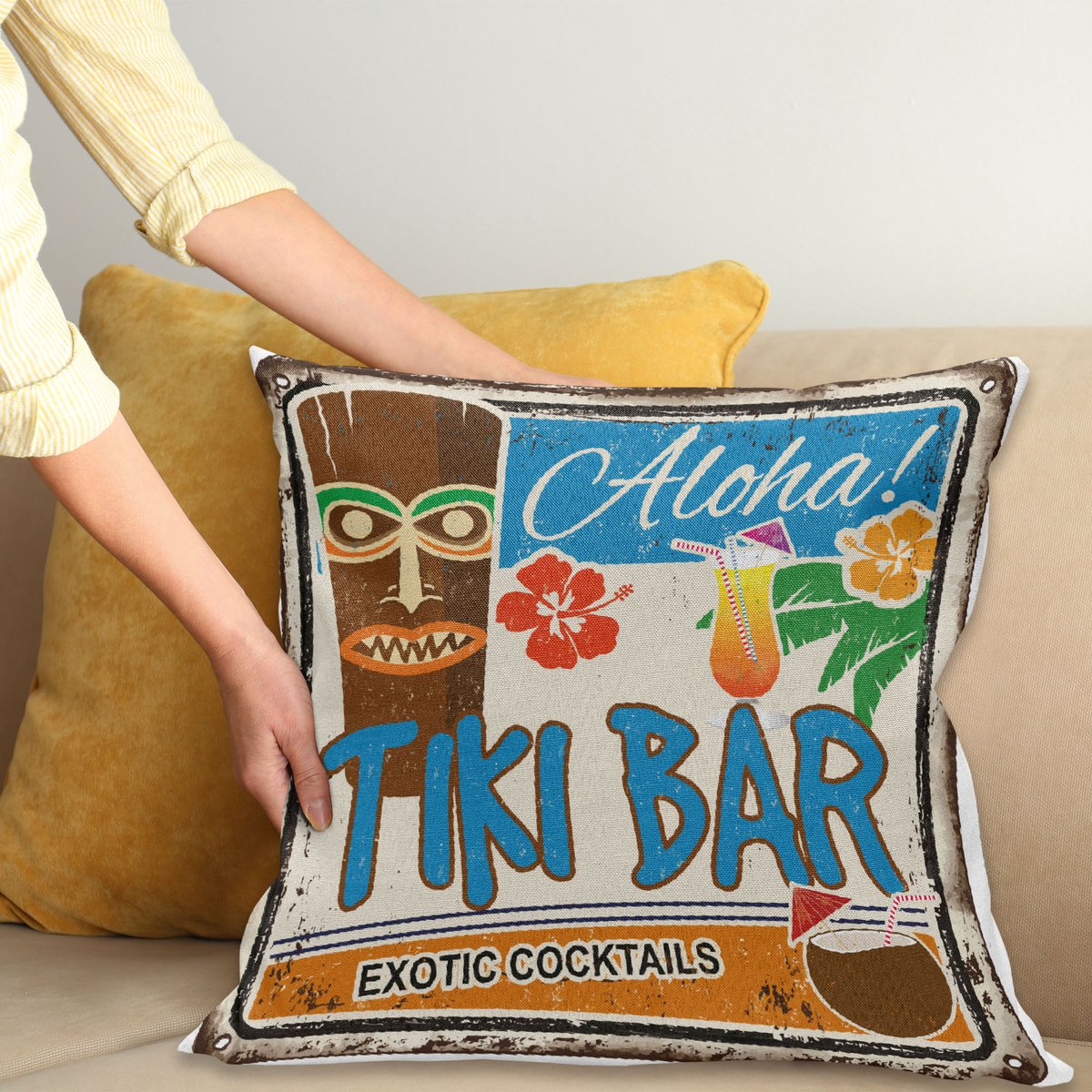 ABAKUHAUS Tiki Bar Kussenhoes, Vintage-Zeichen, Digitale Print, Waterbestendig, Kleurecht, Wasbare Kussenhoes met Ritssluiting, 45 x 45 cm, Meerkleurig