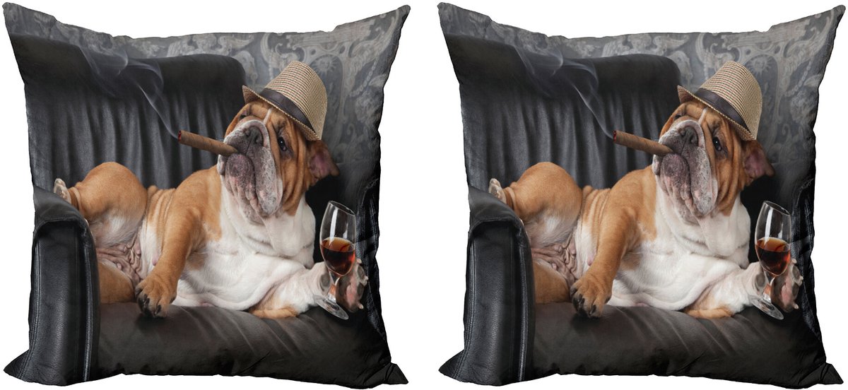 ABAKUHAUS Bulldogge Sierkussenhoes Set van 2, Humorvoll Hund Trinken, Modern Accent Dubbelzijdige Digitale Print, 40x40, Meerkleurig