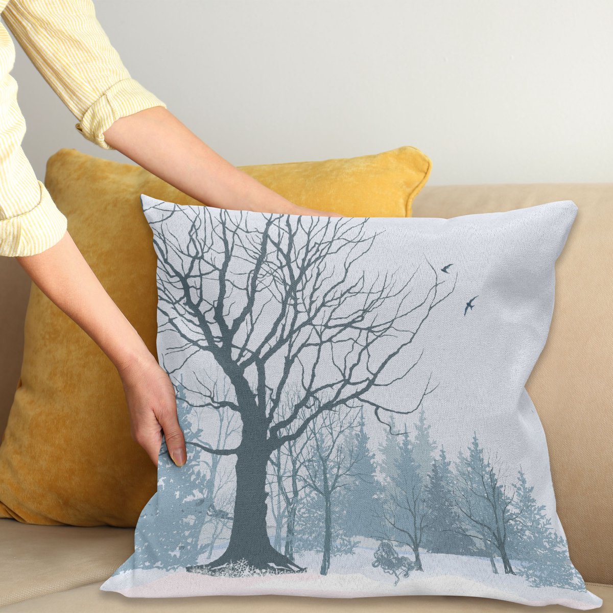 ABAKUHAUS Winter Kussenhoes, Verschneiten Bos Bomen Vogels, Kussenhoes met Dubbelzijdig Patroon, Heldere Digitale Print, Kleurecht, met Ritssluiting, 50 x 50 cm, Petrol Blauw