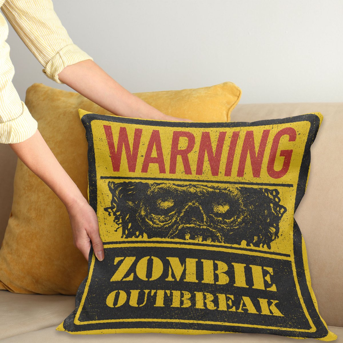 ABAKUHAUS Zombie Kussenhoes, Grunge Horror-Zeichen, Dubbelzijdige Digitale Print met Ritssluiting, Kleurecht, Onderhoudsvriendelijk en Wasbaar, 50 x 50 cm, Geel Grijs Rood