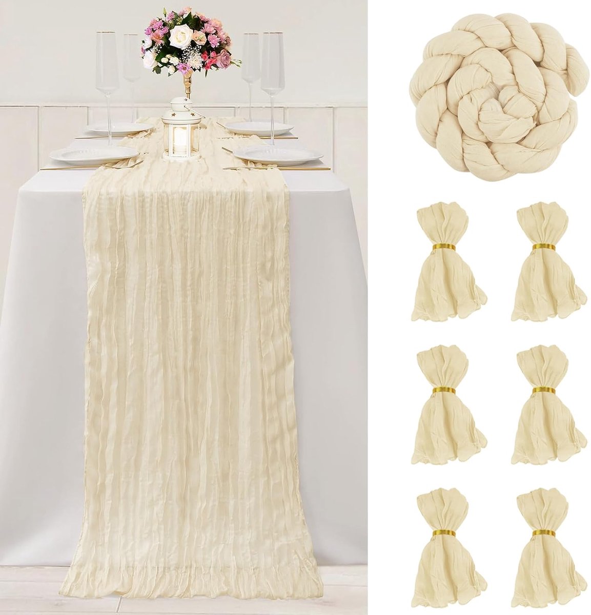 tafelloper van chiffon-stof voor boho kleur beige (400 x 90 cm)