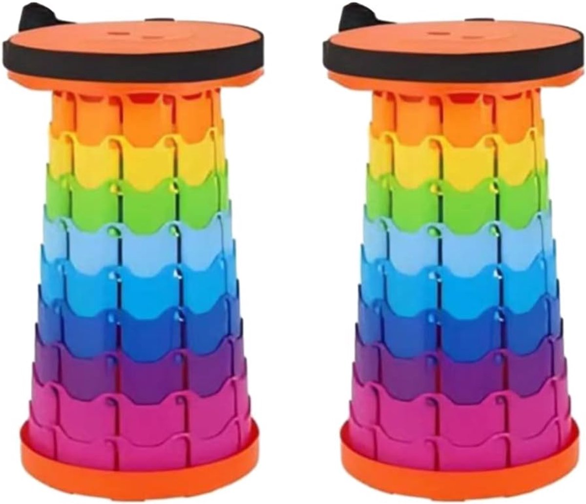 Set van 2 draagbare klapkrukken, ronde kruk Ø 26 cm, telescopische campingkruk, telescopische viskruk, in hoogte verstelbaar 6,5-45 cm, maximale belasting 200 kg (regenboog)