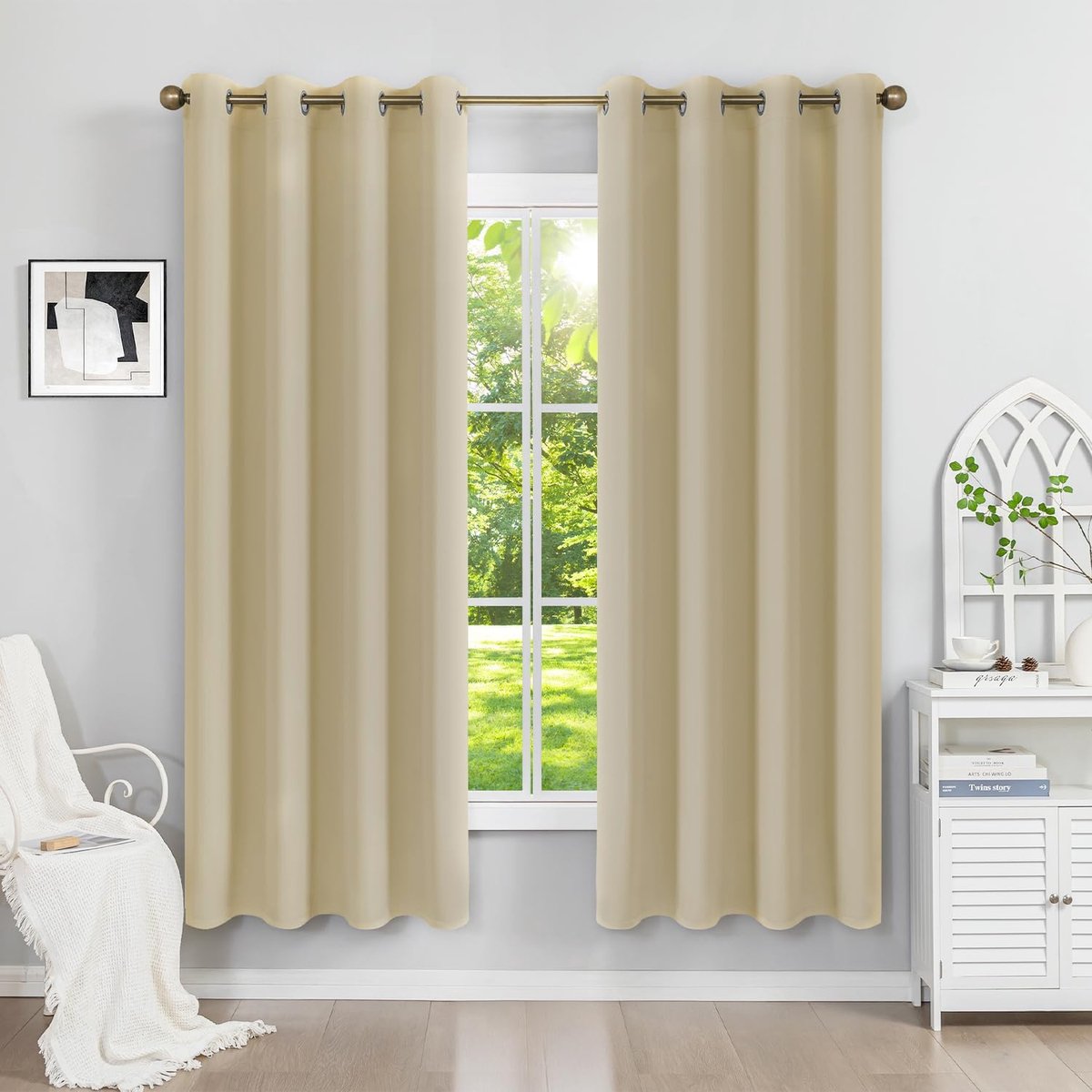 verduisteringsgordijn, isolerend, tegen kou, 120 x 180 cm (b x h), 2 stuks, ondoorzichtig, beige, met oogjes, hittebescherming, uv-bescherming, lawaai, voor binnen, decoratie