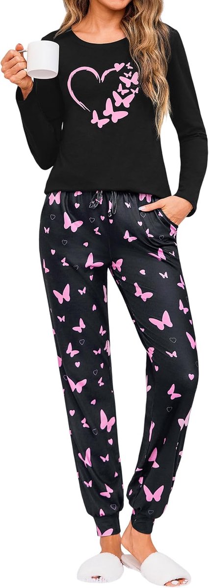 Winterpyjama voor dames, van katoen, pyjama met lange mouwen en lange broek, nachtkleding met vlinderpatroon, S-XXL