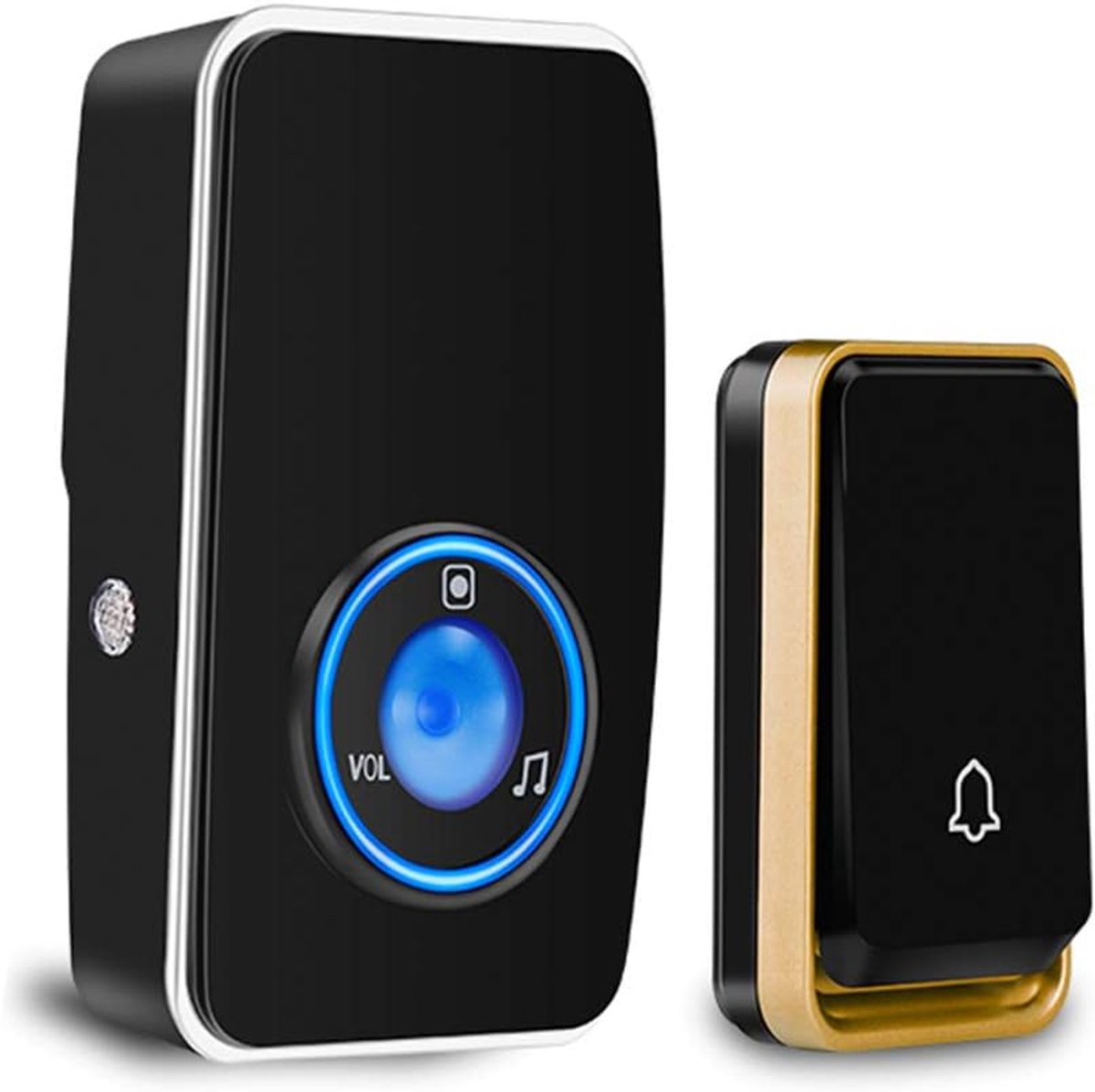 『Geen Batterij Nodig』Draadloze Deurbel Waterdicht,AURTEC Deurbelkit met 1 Plug-in LED-flitsontvanger en 1 Druk op Zelfaangedreven Zender,51 Belsignalen, 4 Volumeniveaus,Geen Batterij Nodig,Zwart