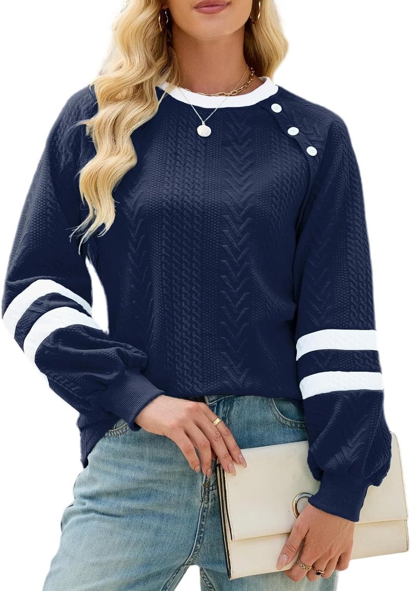 Sweatshirt Vrouwen Lange Mouw Tops Shirt Kleurblok Trui Ronde Hals Knop Herfst Trendy Outfits Losse T-shirt Casual Shirt Blouse