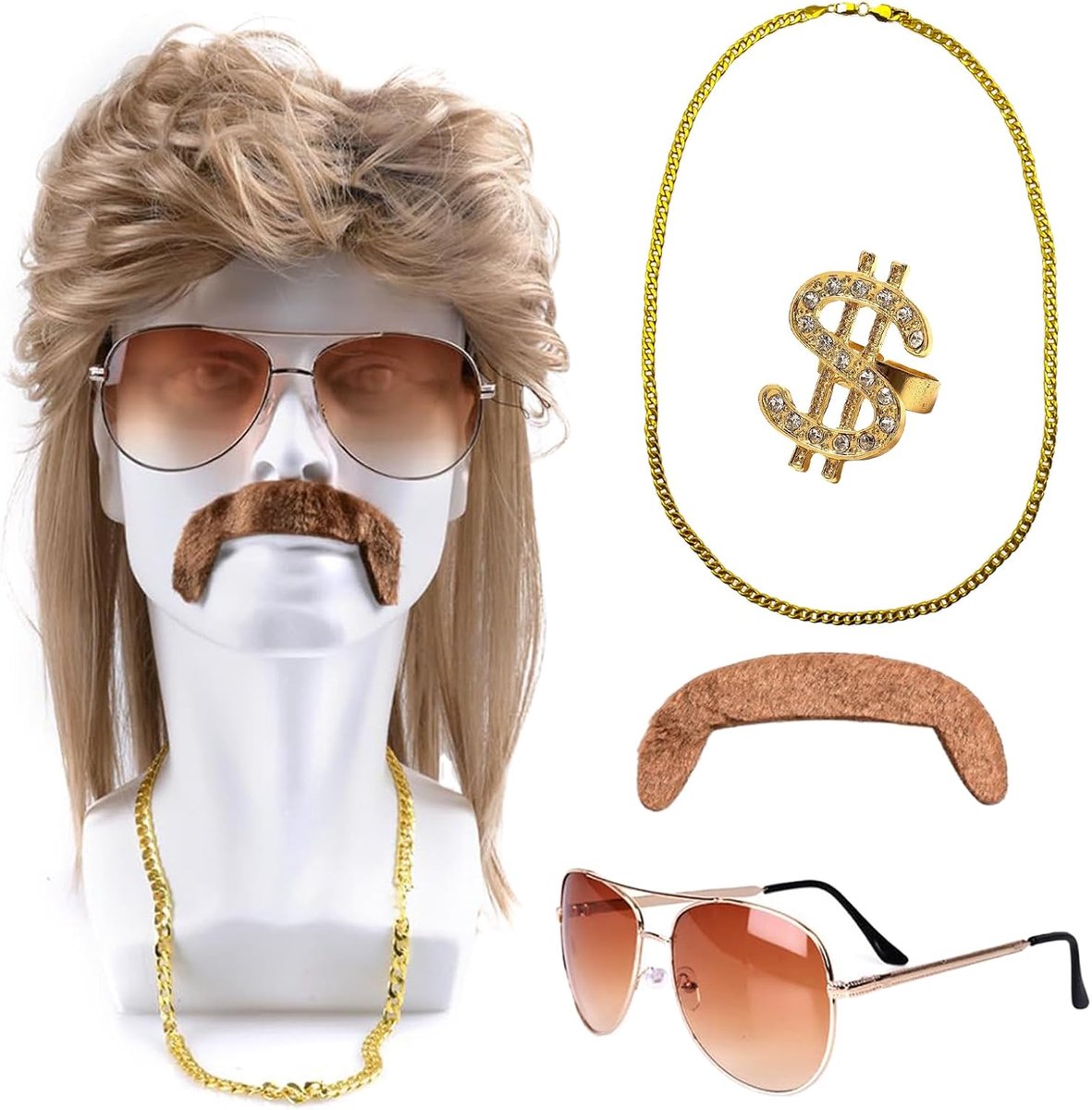 Pruik, 5-delige set, jaren 80/90, outfit accessoires, herenpruik, kunsthaar voor carnaval, Halloween, kostuum, feestaccessoires, blond-bruin