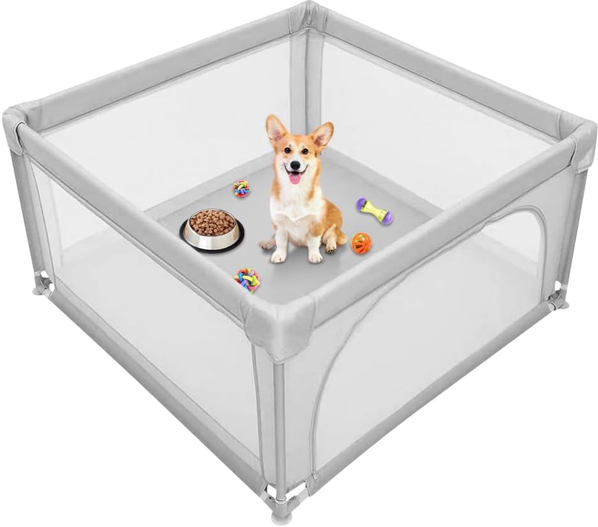 Box met deur, box voor puppy's of kleine honden, stevige omheining van dikke stof en zeer sterk nylon net, machinewasbaar, binnen en buiten, 120 x 120 x 66 cm, donkergrijs