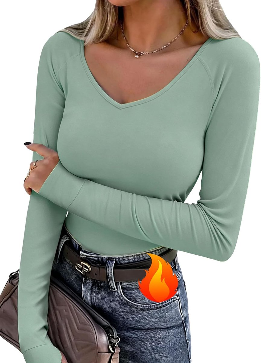 Thermisch T-shirt voor dames, lange mouwen, V-hals, elastisch, met duimgaten, sporttop voor de winter, voor hardlopen en fitness