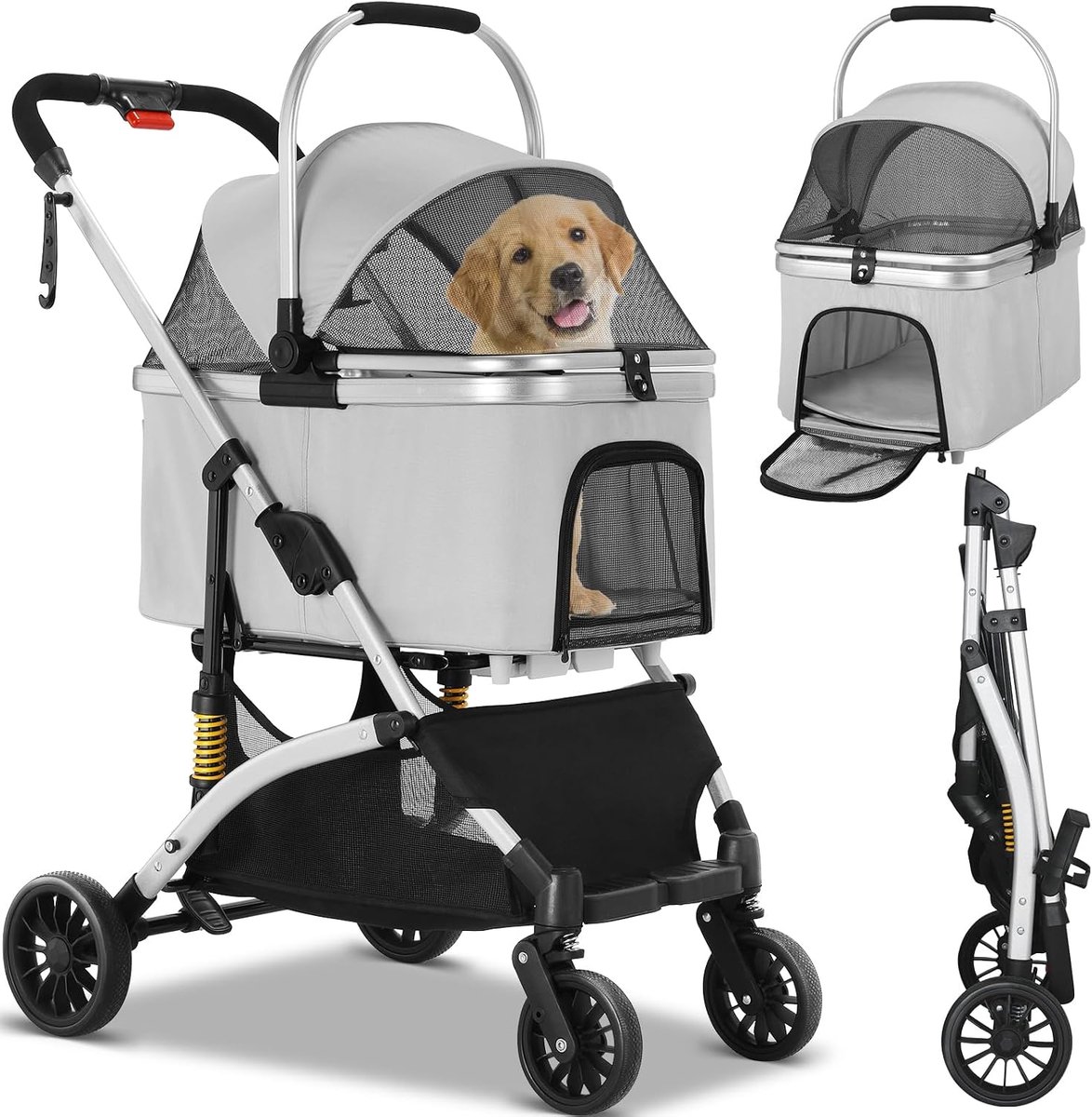 Honden- en kattenbuggy, transporttas, tot 20 kg, met netvensters en bekerhouder