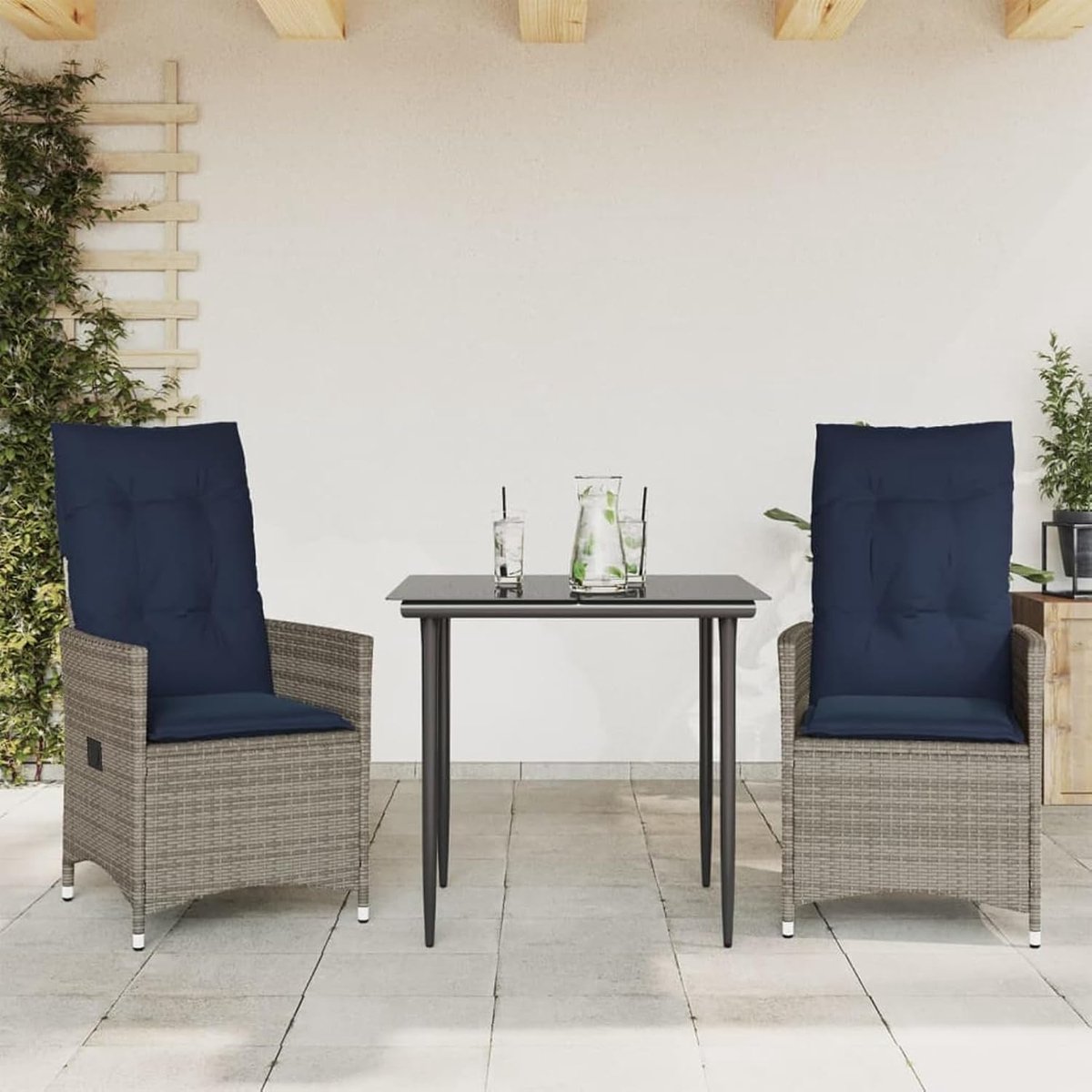 Tuinstoelen verstelbaar, 2 stuks, met kussen, grijs, polyrotan, tuinmeubelen, stapelstoel, balkonstoelen voor outdoor, tuin, café, camping