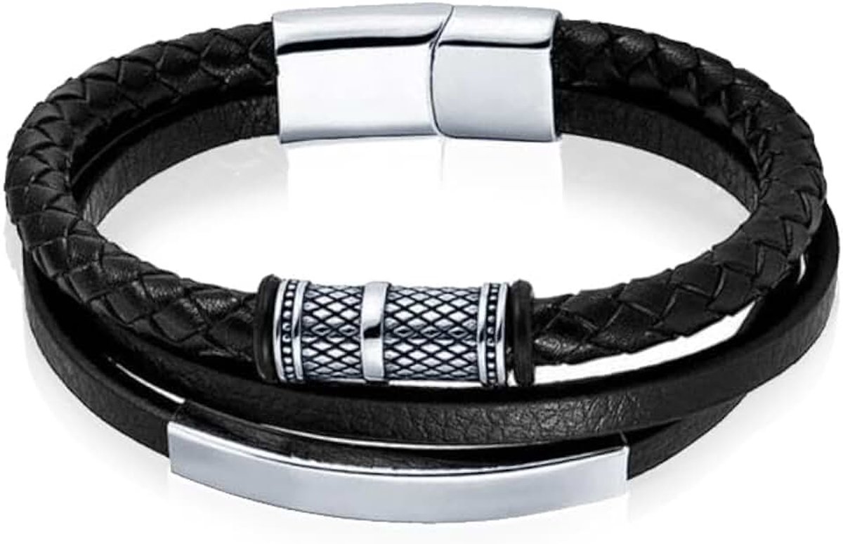 Multi armband leer RVS Kraal Zwart Zilverkleurig-18.5cm