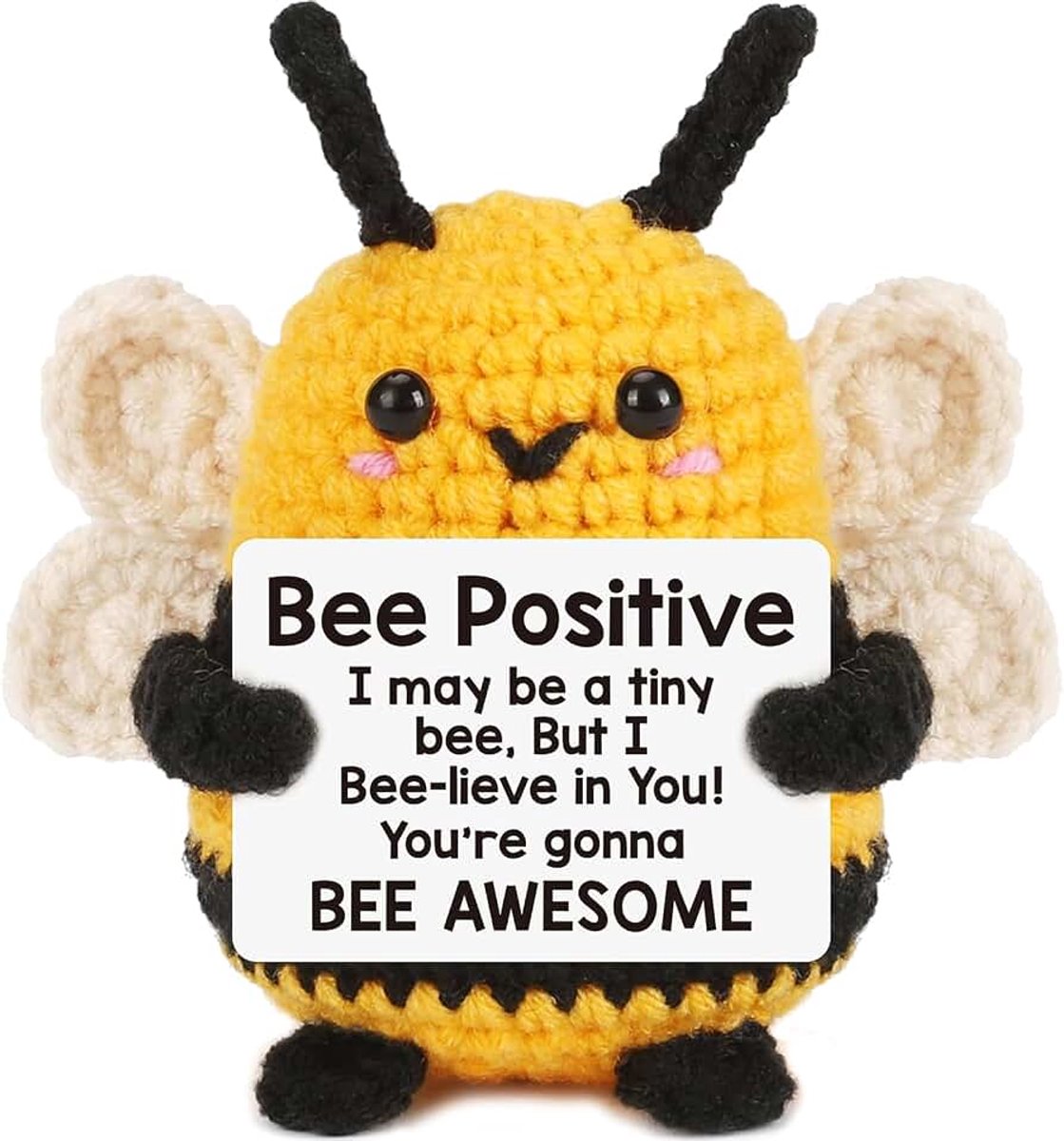Hug, bij, positieve bij, handgemaakt, gehaakt, zakknuffel, positieve bloem met stemmingskaarten, grappig cadeau, voor dames, heren, werkcollega