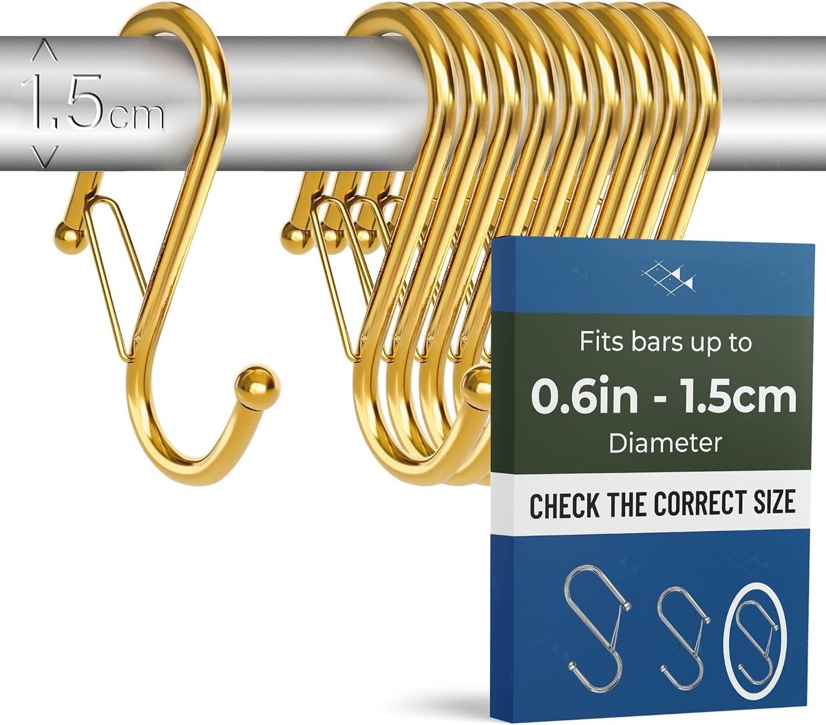 10x Kleine S-haken voor stangen tot 1,5 cm – met veiligheidssluiting – metalen ophanghaken voor badkamer, keuken, kast en tuin – Goud