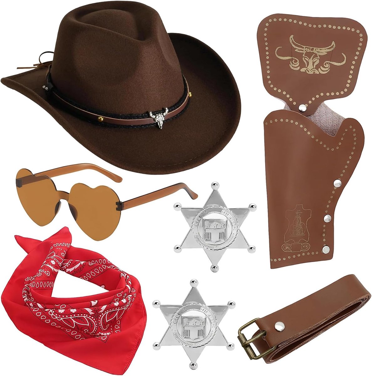 Accessoireset met bruine cowboyhoed, bandana, hart zonnebril, holster en riem, westerse verkleedset voor volwassenen kinderen Halloween cosplay
