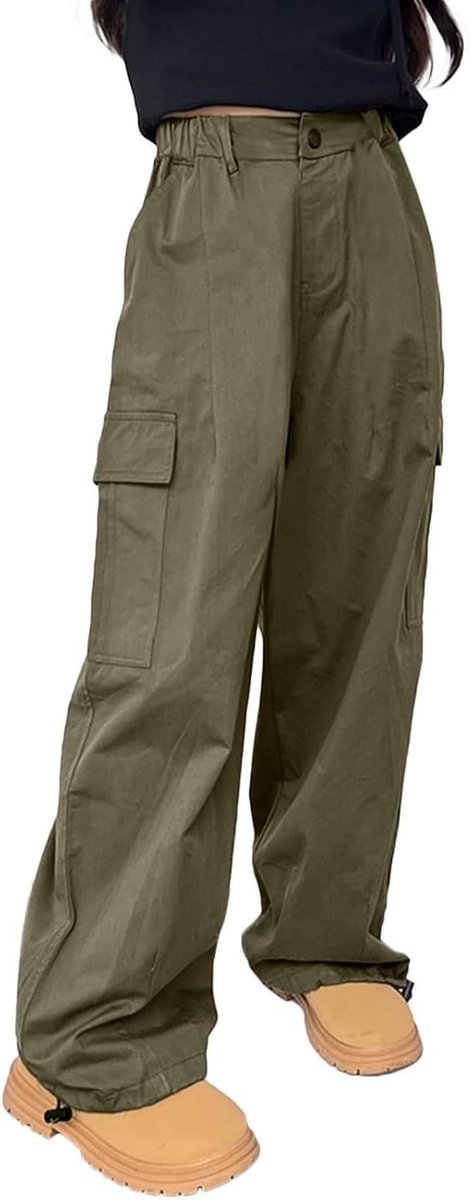 Cargobroek voor meisjes, katoenen baggy broek met elastische taille en meerdere zakken, voor kinderen van 6 tot 15 jaar