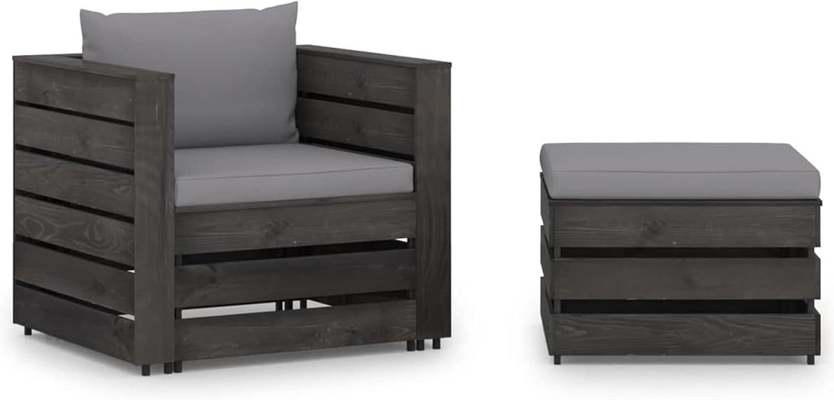Tuinmeubelset, 2-delig, met kussens, hout, grijs geïmpregneerd