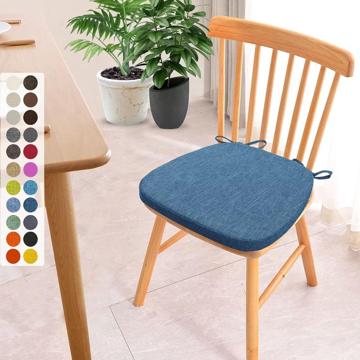 Set van 1 stoelkussen, 40 x 38 x 3 cm, met banden, wasbaar zitkussen, antislip, afneembare overtrek met ritssluiting, ideaal voor thuis, kantoor, keuken, eetkamer, donkerblauw