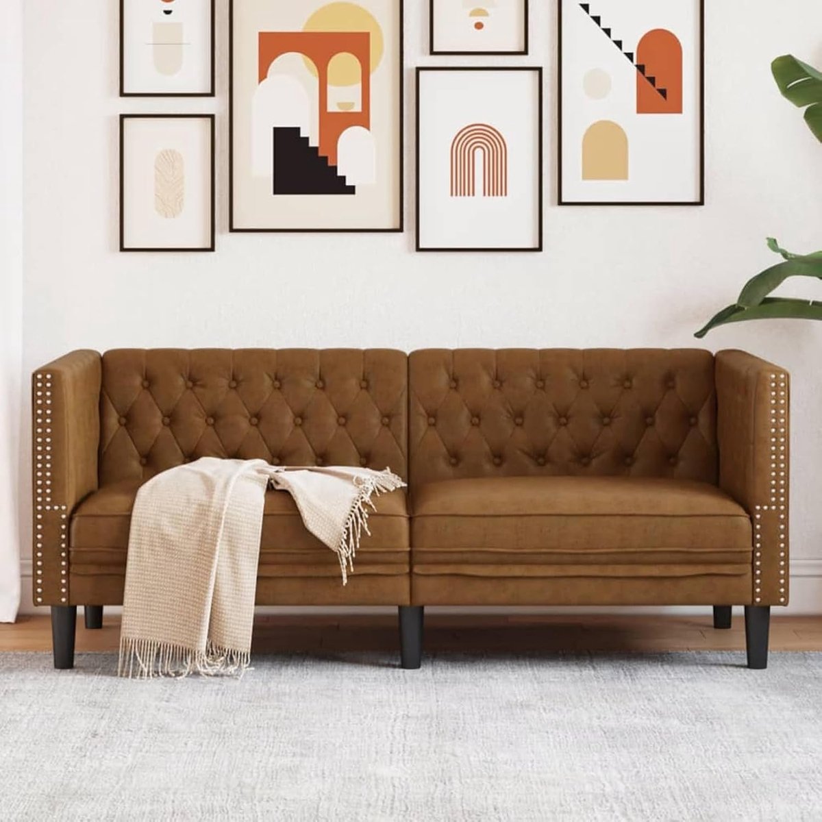 Chesterfield 372665 2-zits bruin kunstleer in suède-look, gestoffeerde bank, zitgroep, bank voor woonkamer, appartement, kantoor, logeerkamer