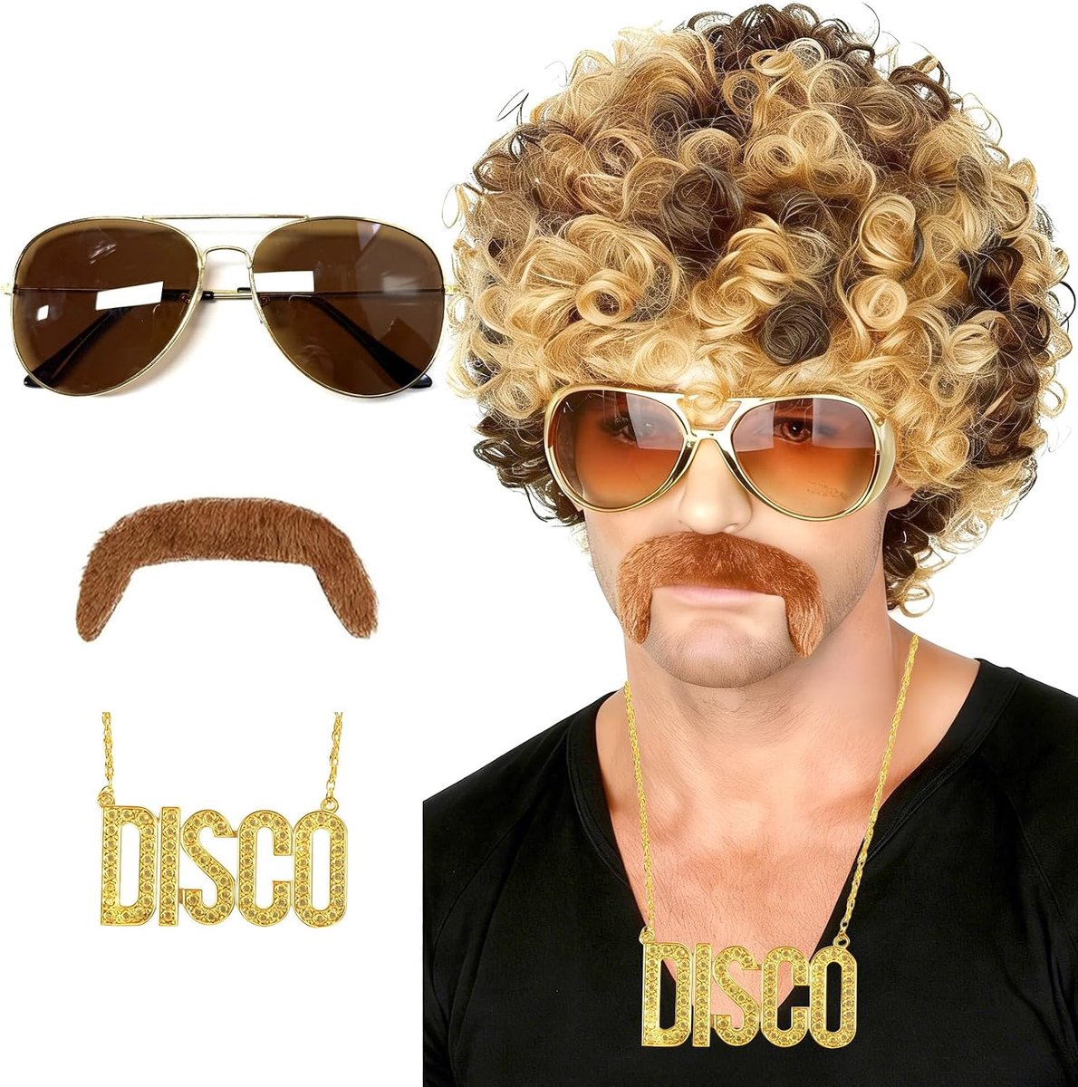 Dirt Bag pruik, afropruik met baard, pilotenbril en gouden ketting, carnavalskostuum voor heren, voor cosplay, carnaval, Halloween, party, bruin mix blond