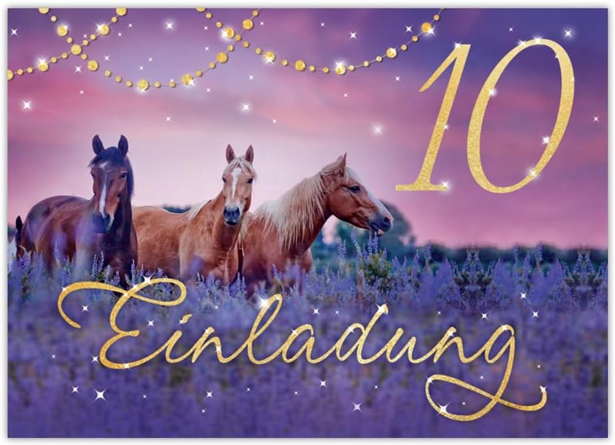 12 uitnodigingskaarten voor de 10e kinderverjaardag tiende verjaardag meisje paard paard