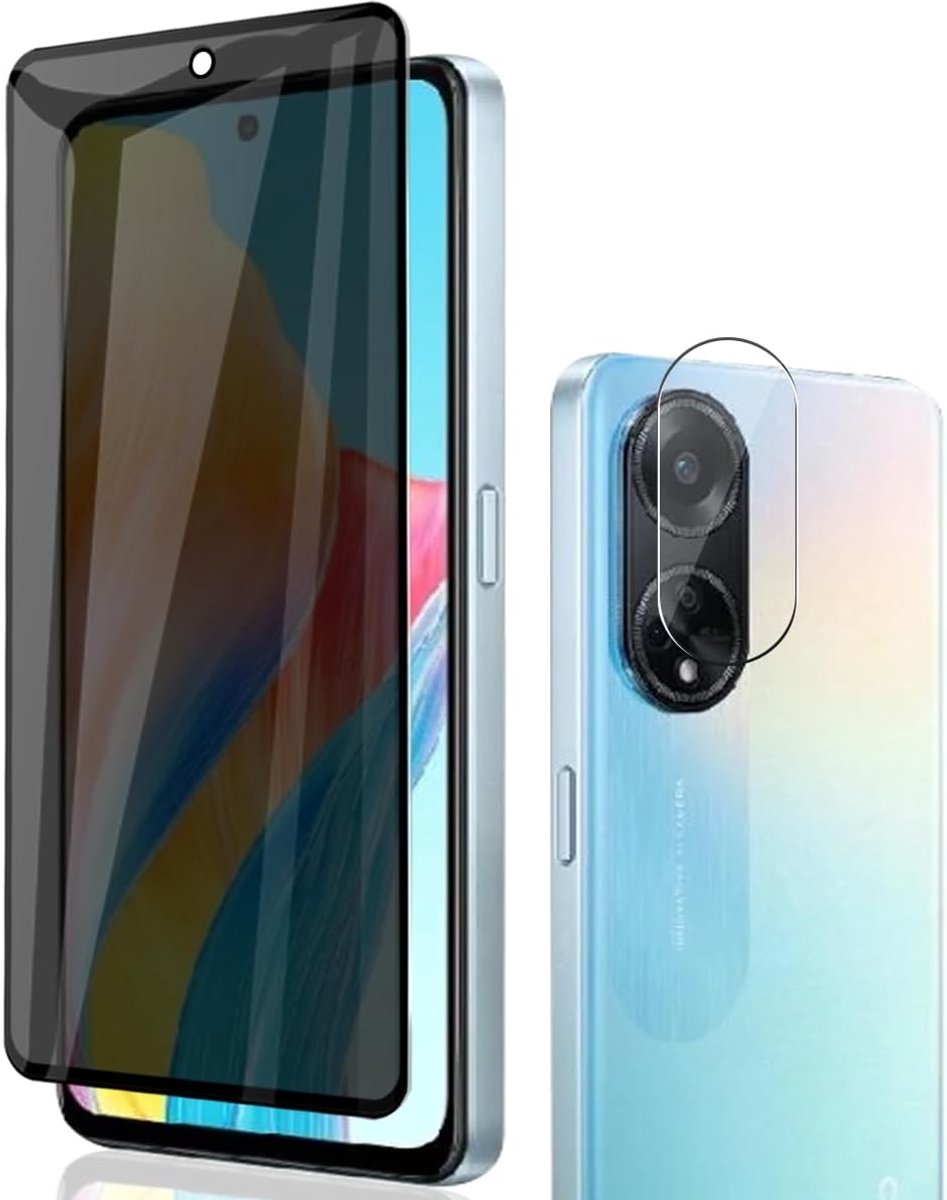 Displaybeschermfolie voor Oppo A98 5G, 1 stuks anti-spy gehard glas en 1 camera-glas, hardheid 9H, krasbestendig, anti-spiraal folie voor OPPO A98 5G gehard glas