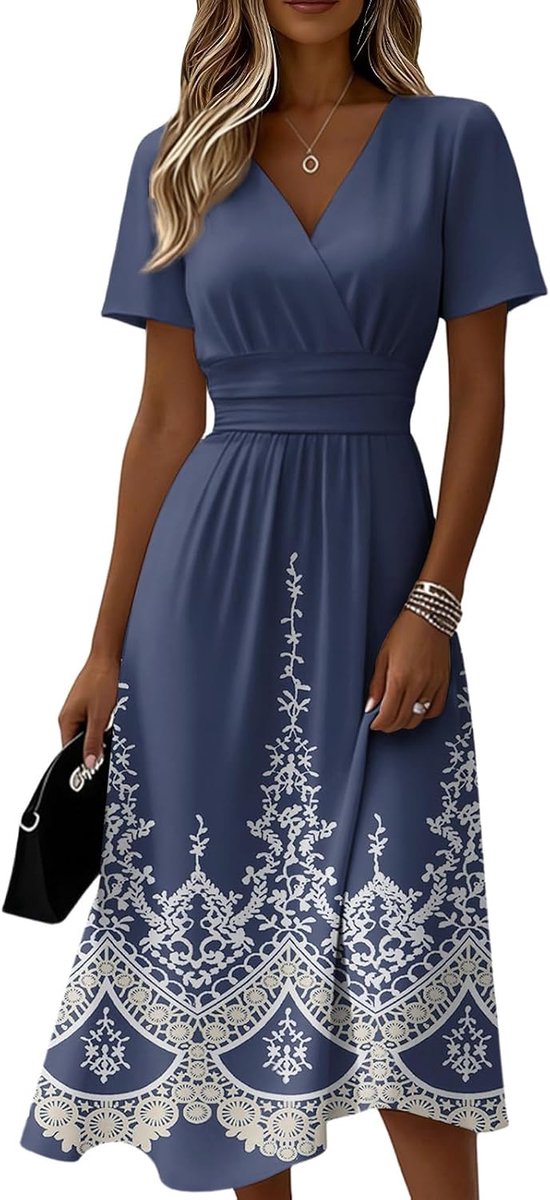 Kleider Damen Sommer Lang Tailliert Sommerkleid Damen Elegant Midi Kleid A Linie Festlich Curvy Sommerkleider Leicht Und Luftig Midikleid Frauen V Ausschnitt Kurzarm Strandkleid