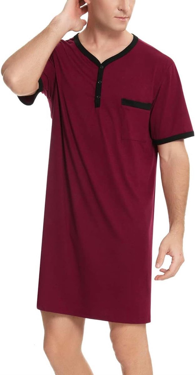 Nachthemd voor heren, katoenen pyjama met lange mouwen, korte mouwen, pyjama-bovenstuk, lang T-shirt, ronde hals met knopen, huiskleding, grote maat, zacht, comfortabel