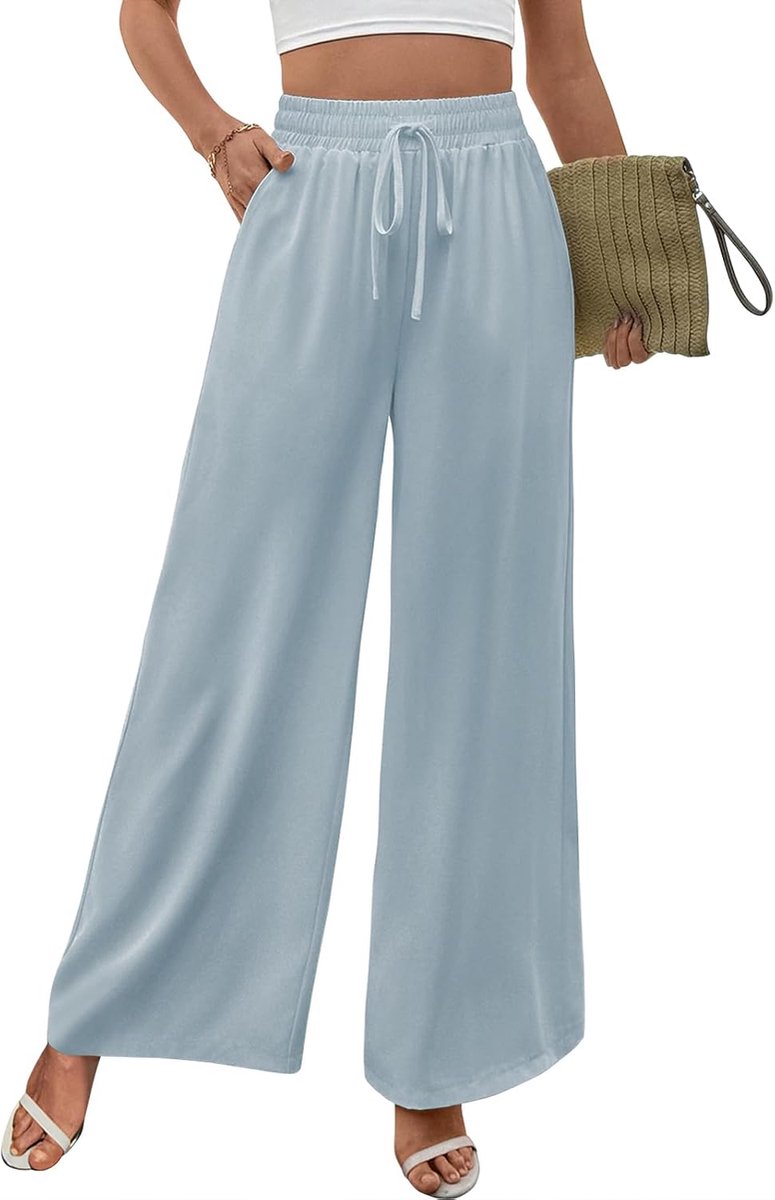 Damesbroek met hoge taille, brede broek met verstelbaar trekkoord en palazzo-zakken, losse broek, elegant